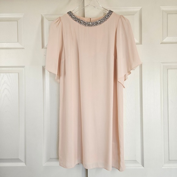 Dorothy Perkins Blush Pink Embellished Shift Dress | Flutter Sleeve |‎ US 8 - Picture 2 of 8